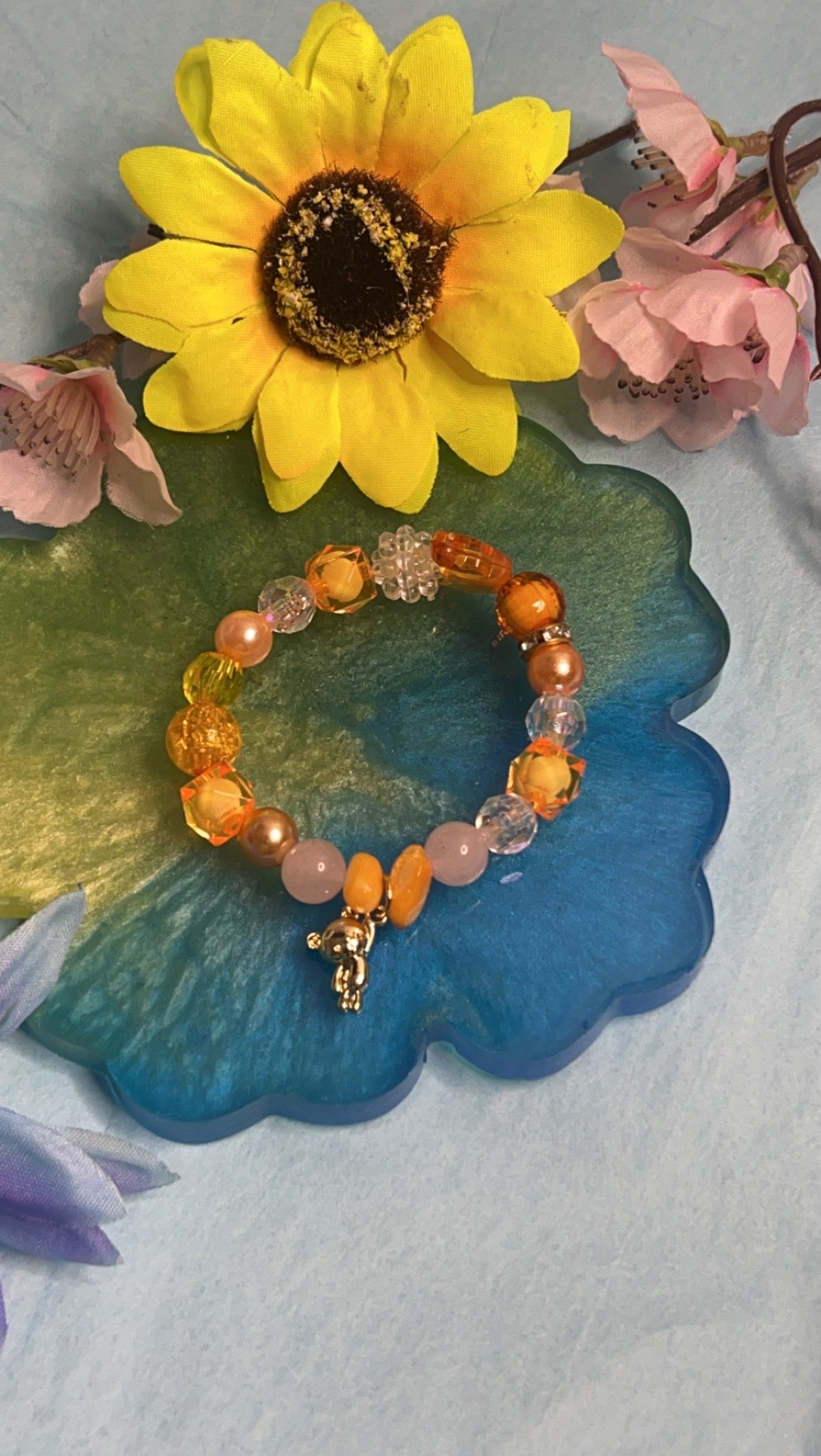 Orange Little Bear Bracelet w/Rose Quartz Beads