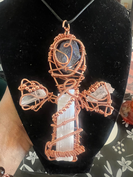 Copper Ankh with Lapiz Lazuli, Clear Quartz and Selenite